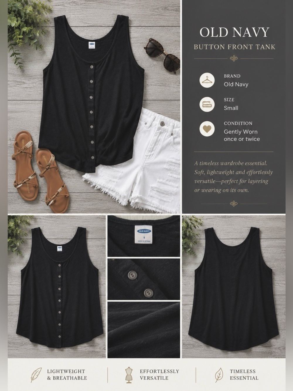 Old Navy Black Button Front Tank Top | Size: Small | Closet Staple | Like New - Picture 2 of 5